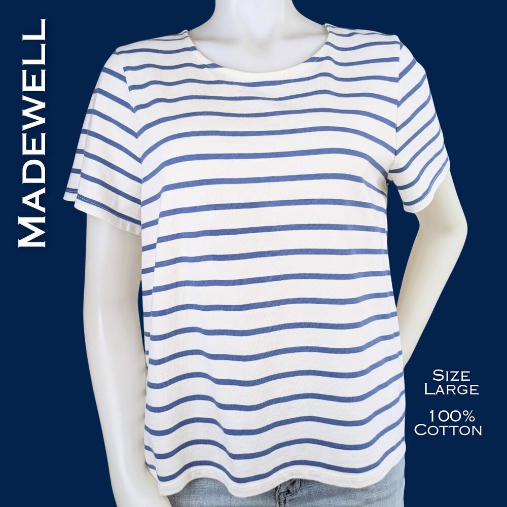 Madewell T-Shirt Womens Large White Blue Striped Short Sleeve Cotton Crew Neck